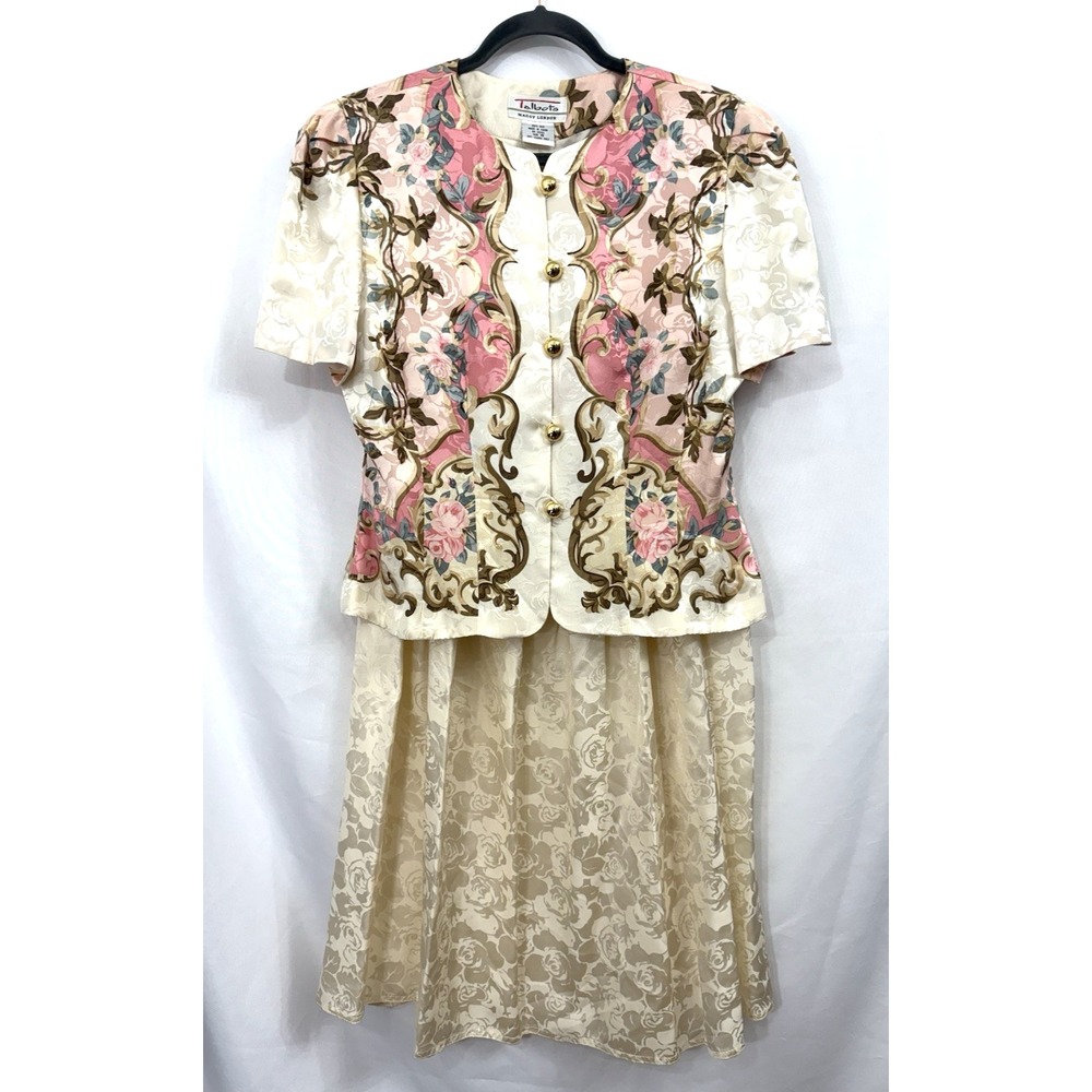 VTG Talbots Maggy London 100% Silk Skirt Suit Size 10 Ivory Floral Baroque Style